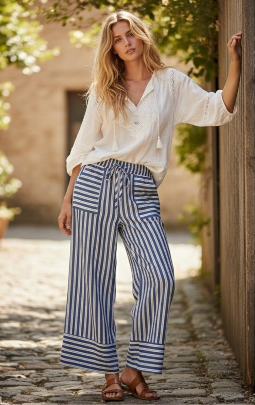 WOVEN BLUE STRIPED WIDE LEG PANTS