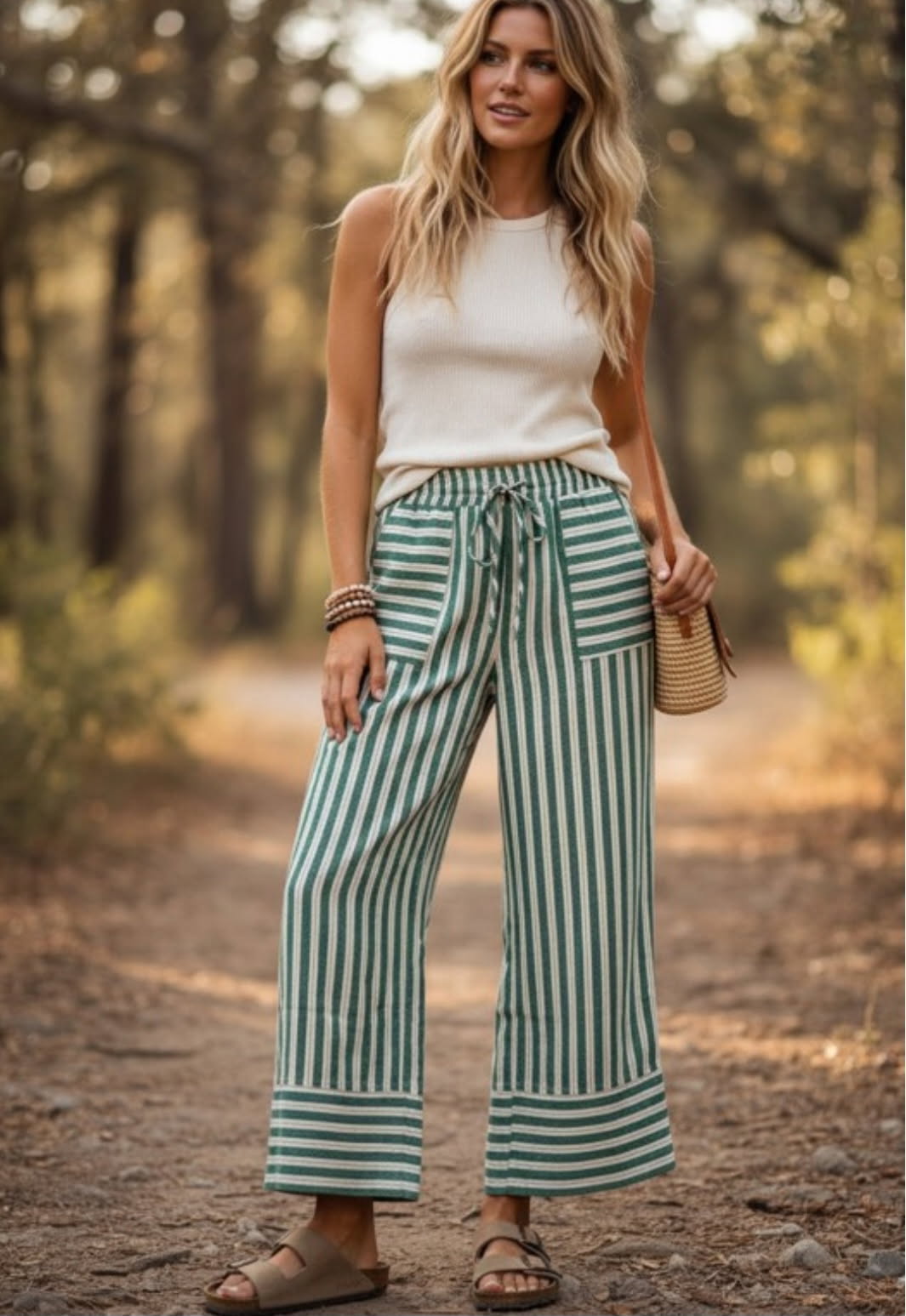 WOVEN GREEN STRIPED WIDE LEG PANTS