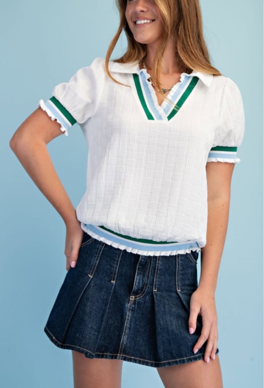 WHITE RUFFLE V NECK TOP WITH COLOR BLOCK